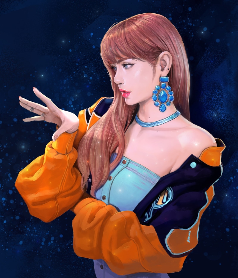 portrait display, artwork, women, ArtStation, singer, fan art, open mouth, rings, Lisa (BLACKPINK), digital art, 4K, redhead, open jacket