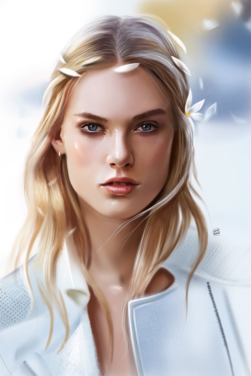 blue eyes, portrait display, petals, 720P, digital art, artwork, flowers, portrait, Yaşar  Vurdem, Charlene Hogger, blonde, face, women