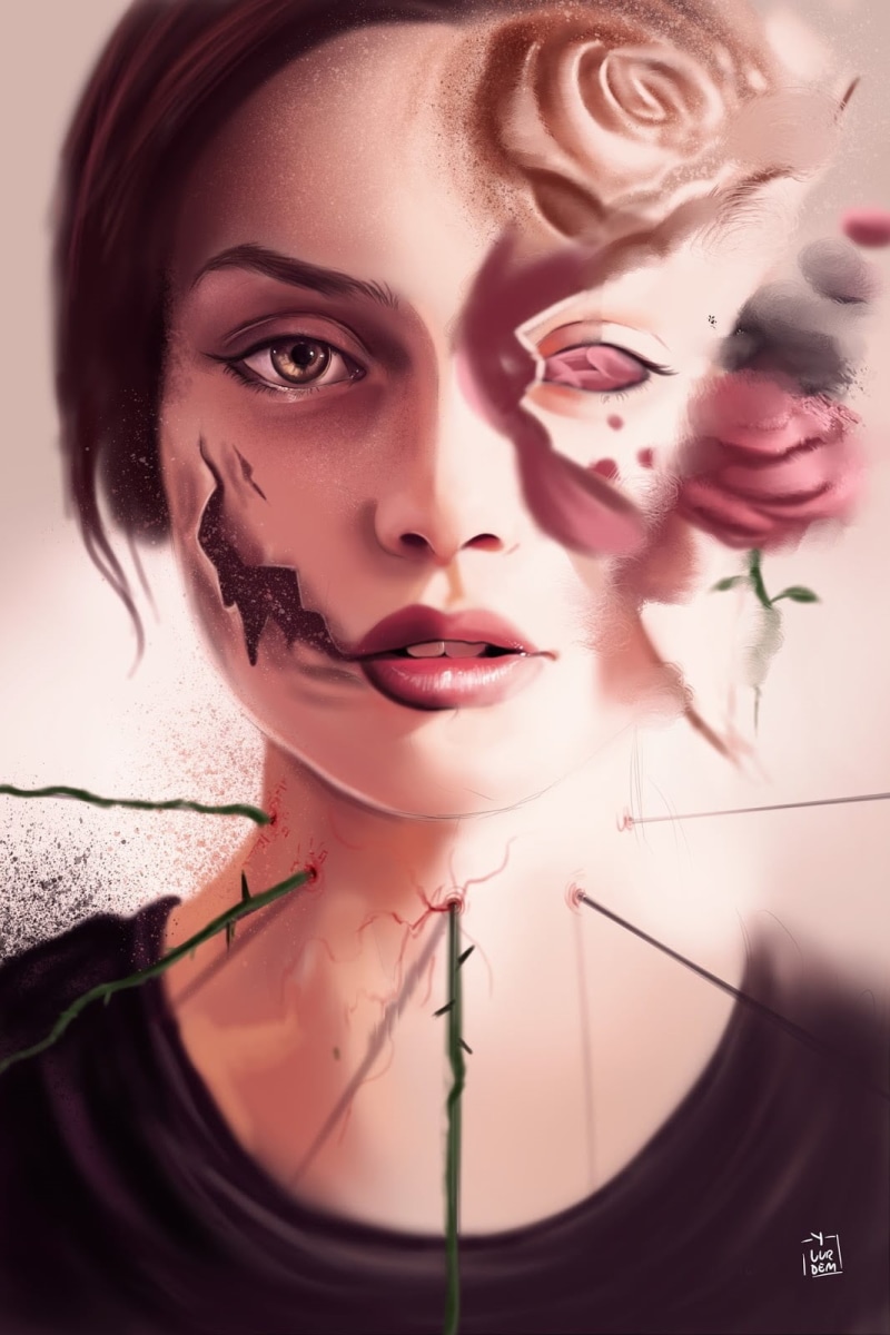 broken, young women, painting, human body part, hairstyle, glamour, make-up, portrait, beauty, one person, close-up, human face, headshot, women, body part