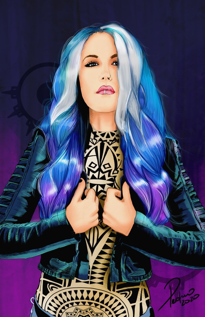digital painting, Alissa White-Gluz, music, women, heavy metal, black jackets, blue hair, 2K, open jacket, leather jackets, Arch Enemy, digital art, ArtStation