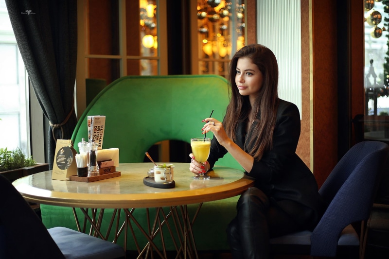 Dmitry Arhar, black jackets, food and drink, indoors, leather pants, lifestyles, chair, young women, 1080P, knee-highs, black pants, drink, cafeteria