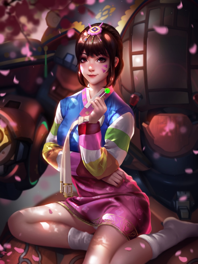 cherry blossom, vertical, smiling, portrait display, sitting, Liang-Xing, freckles, video games, dress, mech, drawing, socks, video game girls, petals