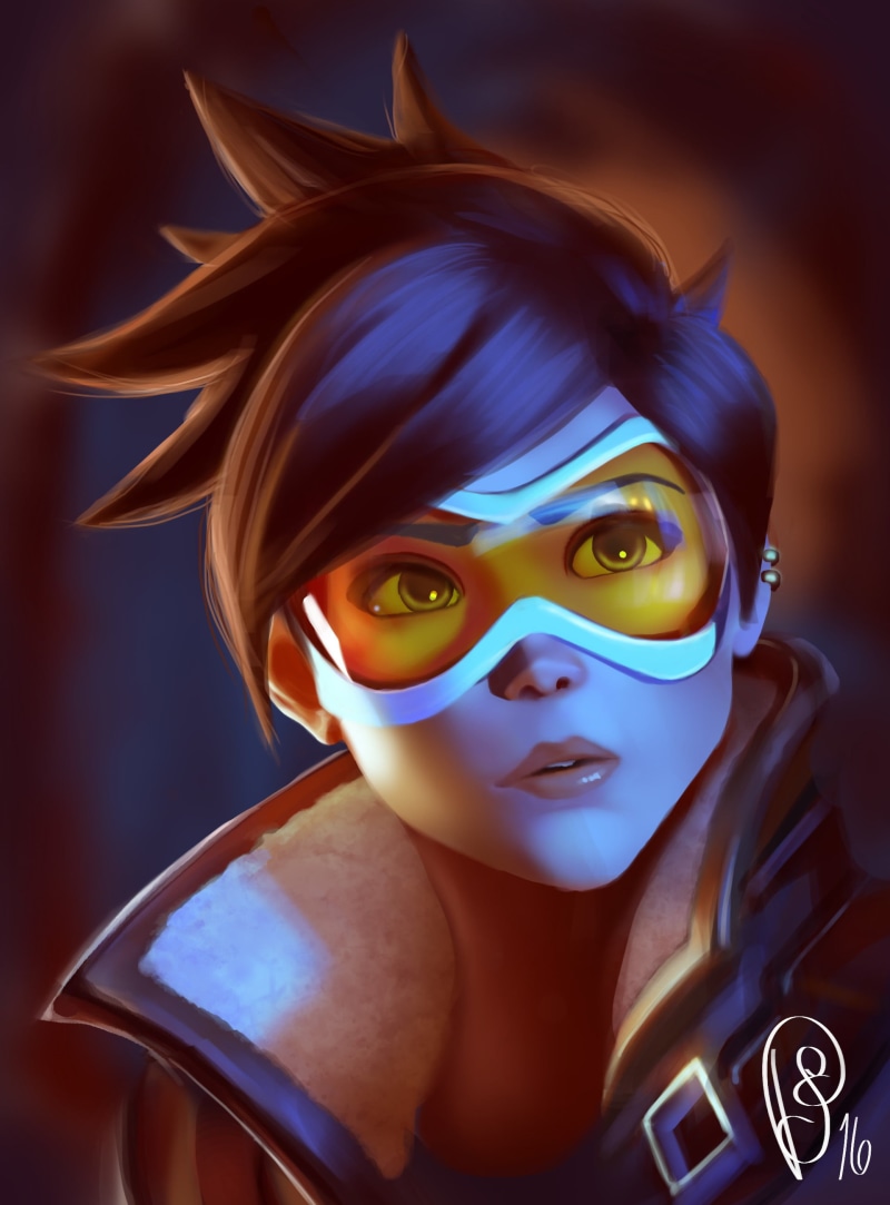 2K, artwork, goggles, women, open mouth, Tracer (Overwatch), Overwatch, digital painting, digital art, video game characters, tracer, video game art, portrait display