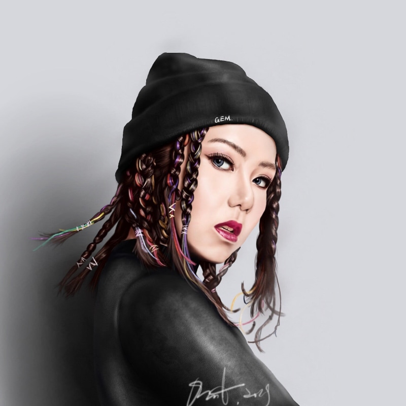 black cap, shiny hair, black jackets, juicy lips, looking at viewer, brunette, digital art, hair, white background, digital painting, black headwear, singer