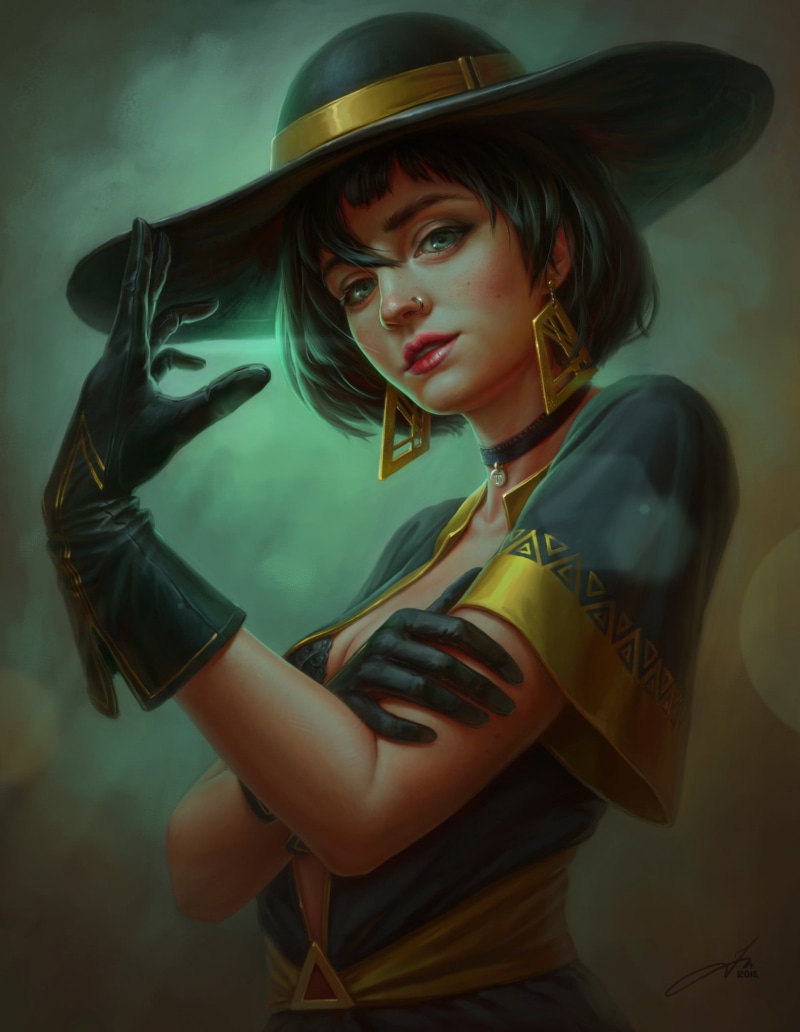ArtStation, 1080P, portrait display, short hair, cleavage, gloves, digital art, green eyes, hat, looking at viewer, artwork, Misha Sviridenko, open mouth
