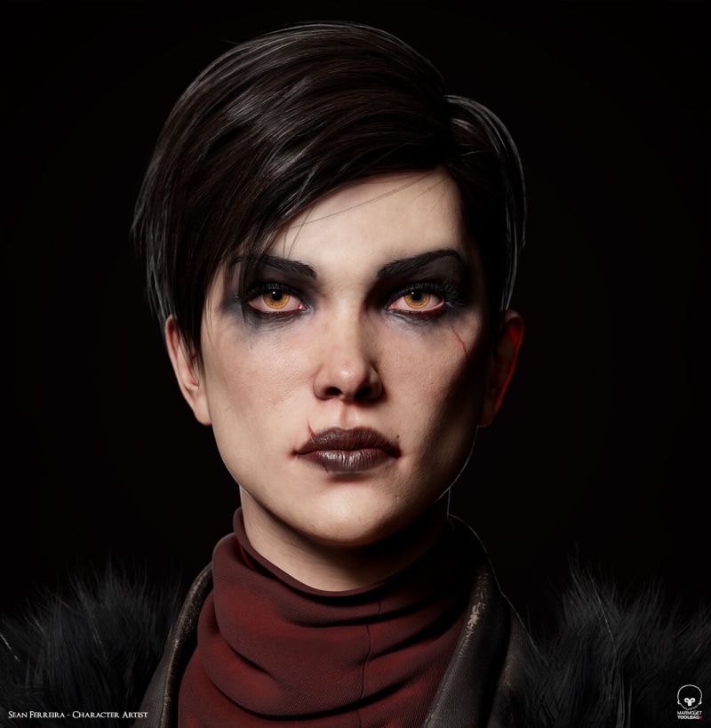 digital art, face, women, render, 720P, black background, black hair, artwork, Sean Ferreira, CGI, red lipstick, assassins, short hair, looking at viewer