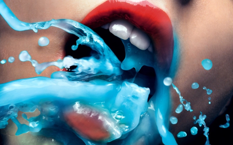 open mouth, lips, 720P, blue, red, women, liquid, red lipstick, model, teeth, mouths, closeup