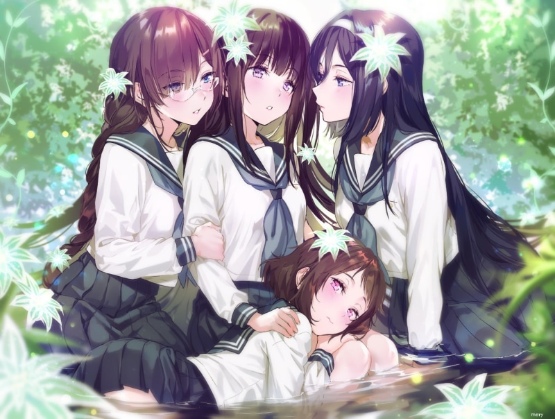 leisure activity, people, lifestyles, hairstyle, portrait, friendship, Misaki Sawakiguchi, anime girls, girls, childhood, Hyouka, real people, adult, group of people