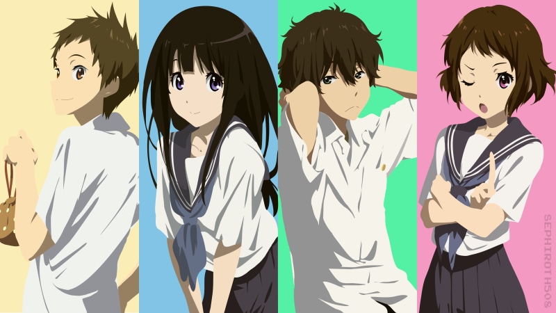 still life, Oreki Houtarou, front view, smiling, Hyouka, representation, female likeness, Chitanda Eru, male likeness, indoors, creativity, 4K, Fukube Satoshi