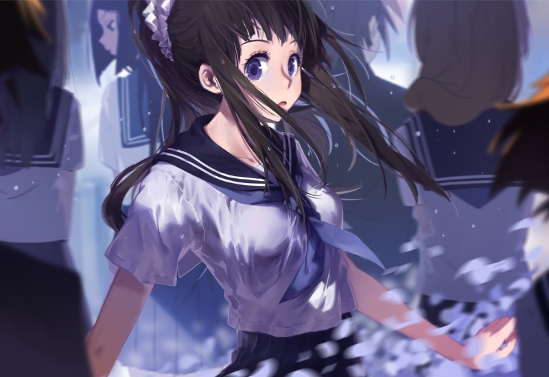 720P, young adult, focus on foreground, black color, long hair, arts culture and entertainment, school uniform, anime girls, adult, Chitanda Eru, front view