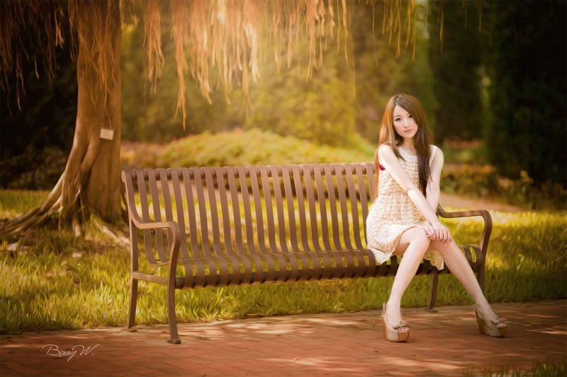 dress, park - Man Made Space, beautiful, caucasian Ethnicity, nature, people, cheerful, outdoors, smiling, sitting, bench, 1080P, chair, adult, woman