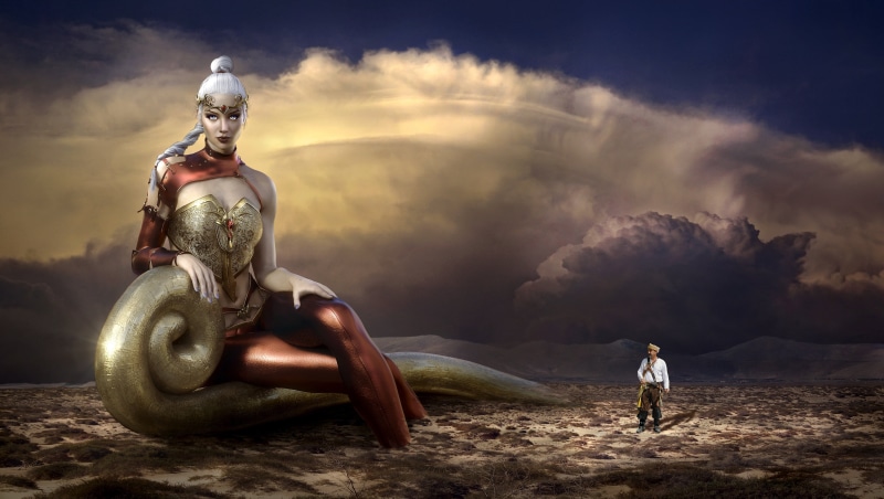 sky, scene, dramatic sky, fee, cloudscape, god, surreal, landscape, woman, helmet, illustration, headwear, storm cloud, storm, fairy tales, figure, dramatic