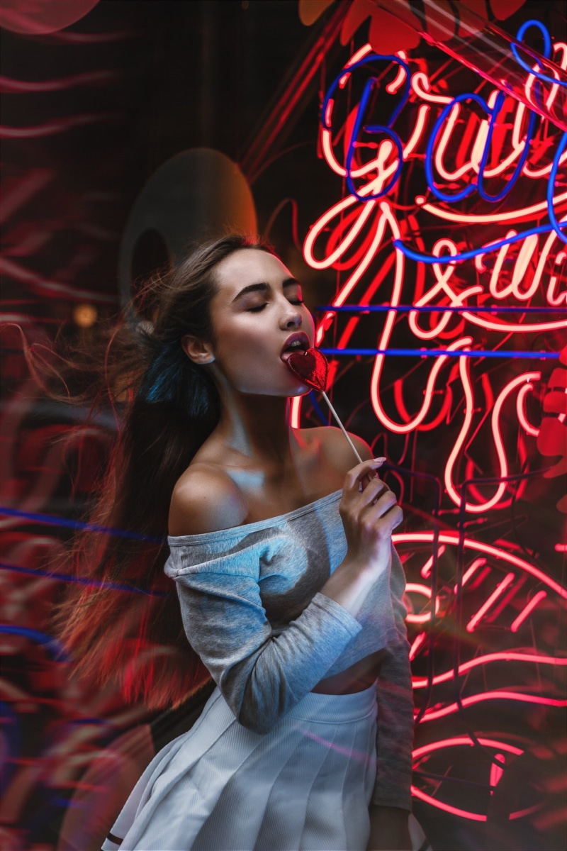 women, lollipop, grey tops, holding, fashion, tongue out, neon lights, beautiful woman, indoors, young women, 1080P, brunette, beautiful people, bare shoulders