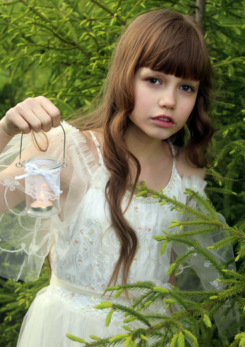 girls, outdoors, bangs, glass, lifestyles, spruce, flora, white, lantern, bride, model, tutu, beautiful woman, child, spaghetti, Pine, people, plants, Forest