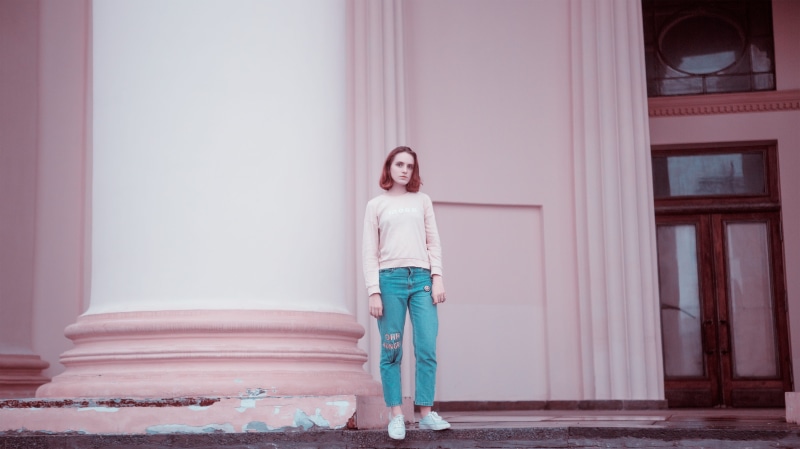 standing, teal, photoshoot, young, russia, hair, love, women, girl, one woman only, eyes, sweater, style, building, jeans, moscow, mid adult, posture, beside