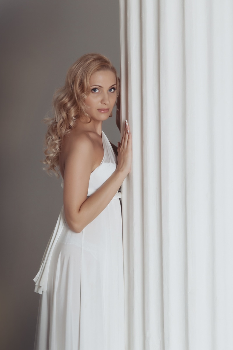portrait, wearing, model, strap, photoshoot, lovely, curtain, youth, infront, cute, charm, makeup, beautiful woman, eyes, adult, young women, room, wall