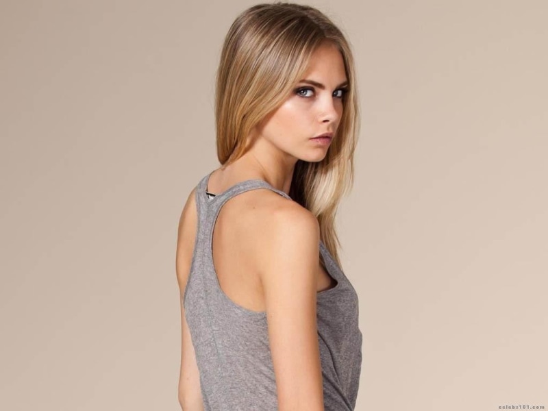 beautiful people, studio shot, beauty, blonde, hairstyle, hair, blond hair, top, Cara Delevingne, indoors, standing, racerback, model, looking at camera