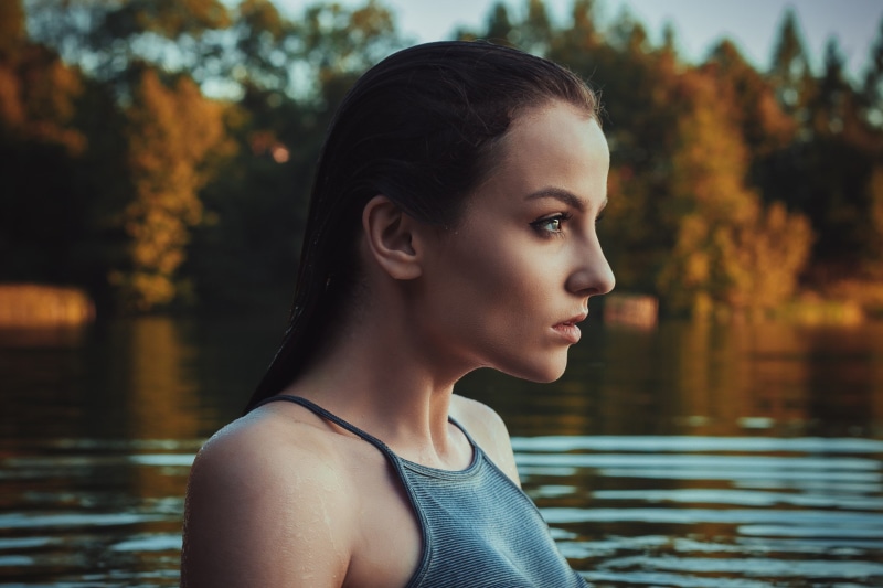 wet clothing, wet hair, 1080P, side view, profile, face, grey tops, women, Fabian Kiedrowski, wet body, brunette