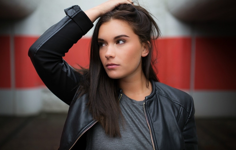arms raised, leather, brown hair, hands on head, human hair, young women, women, 500px, contemplation, model, arms up, 1080P, young adult, lifestyles