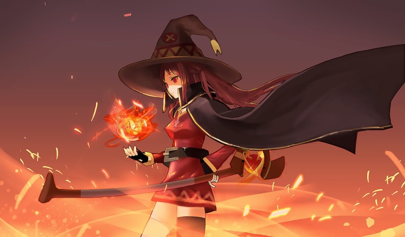 Megumin, hat, females, celebration, clothing, brunette, anime, outdoors, flame, dark hair, motion, nature, witch, fan art, 1080P, anime girls, creativity