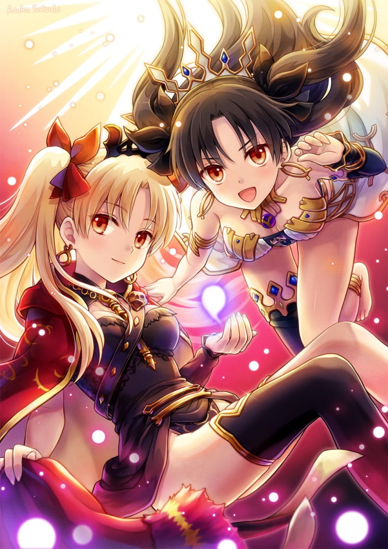 vertical, blonde, anime, Ishtar (Fate Grand Order), ponytail, long hair, feet, digital art, open mouth, yellow eyes, crown, anime girls, Ereshkigal (Fate/Grand Order)
