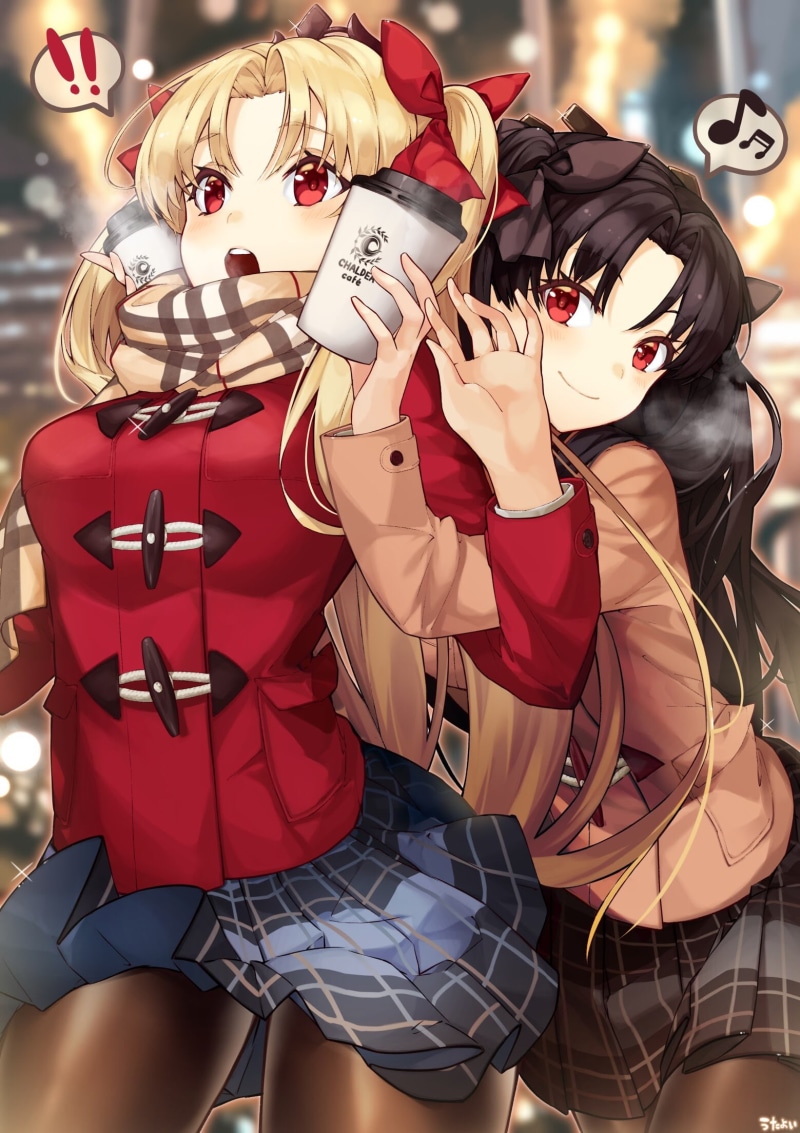 artwork, portrait display, 1080P, FGO, scarf, red eyes, crown, ponytail, digital art, Smile, Ishtar (Fate/grand order), black hair, blonde, skirt, anime