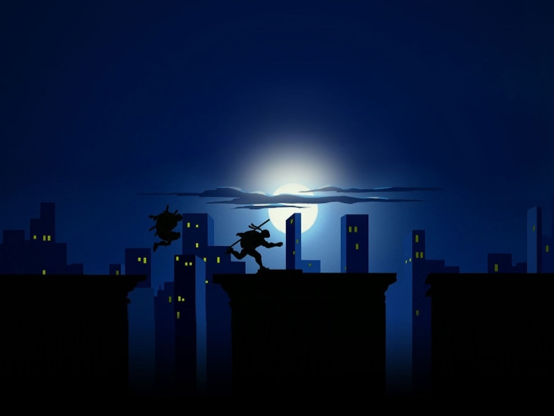 sky, one person, building exterior, Teenage Mutant Ninja Turtles, lighting equipment, outdoors, white, dark, black, table, wooden, blue, illuminated, silhouette