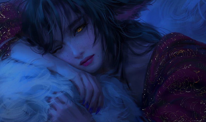 fan art, digital painting, artwork, video game girls, looking at viewer, pillow, video game characters, Ahri (League of Legends), dark hair, yellow eyes