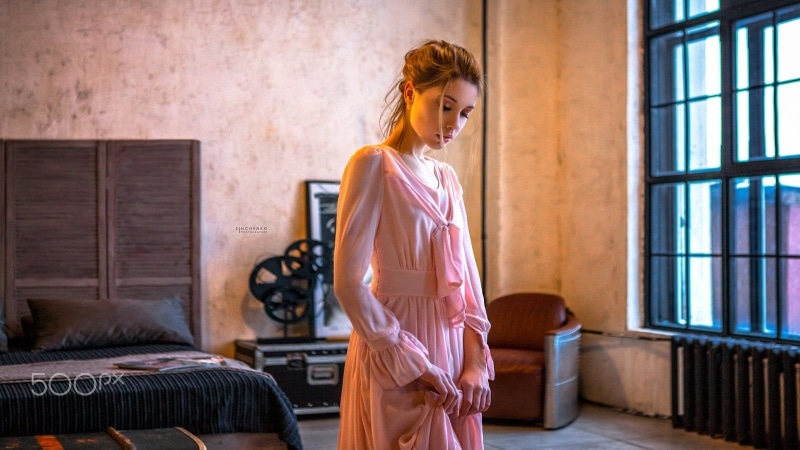 dress, three quarter length, contemplation, redhead, 720P, standing, sleeved, Ksenia Kokoreva, indoors, fashion, Irina Zinchenko, furniture, one person