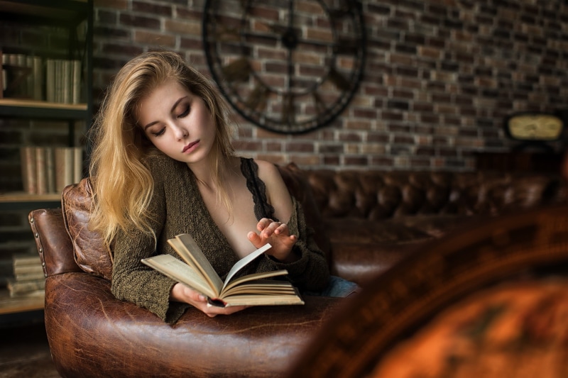 studying, blonde, one person, 1080P, bricks, young adult, reading, long hair, learning, publication, Irina Popova, wall, hair, student, beautiful woman
