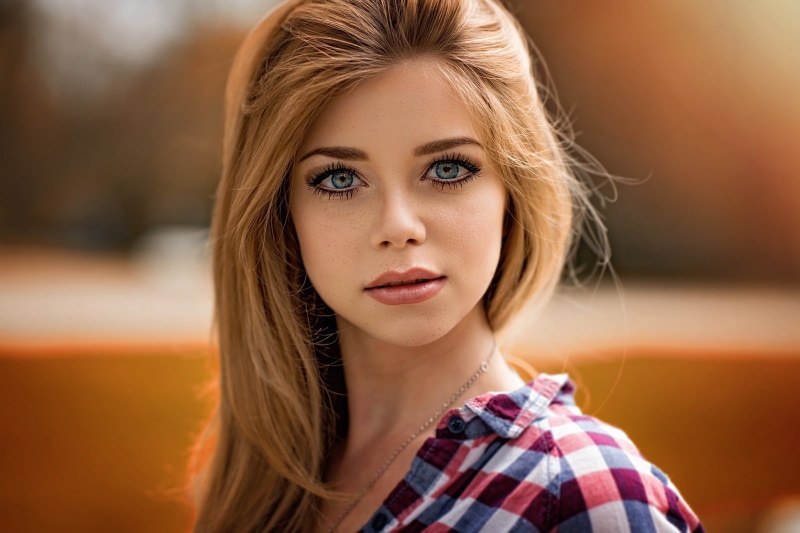 beauty, depth of field, teenager, blond hair, Yvonne Michel, hair, 1080P, front view, checkered, headshot, portrait, shirt, women outdoors, beautiful people