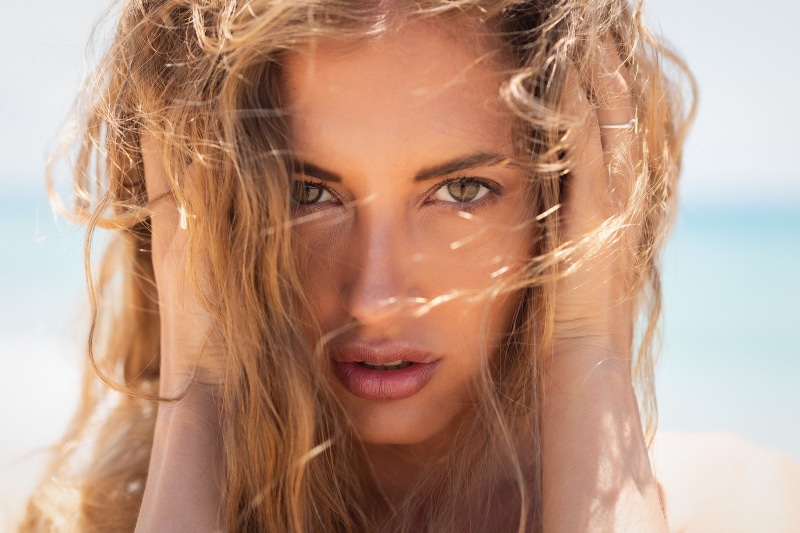 Mark Prinz, portrait, blonde, face, women, 1080P, hands on head