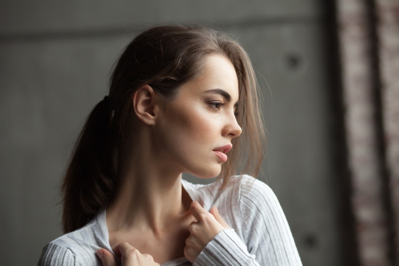 model, 1080P, brown eyes, ponytail, looking away, profile, women, brunette, Lidia Savoderova, face, Mark Prinz