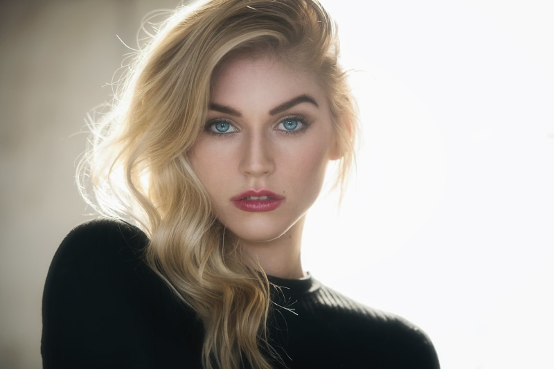Allie, blonde, women, portrait, 1080P, red lipstick, black clothing, Mark Prinz, face, blue eyes