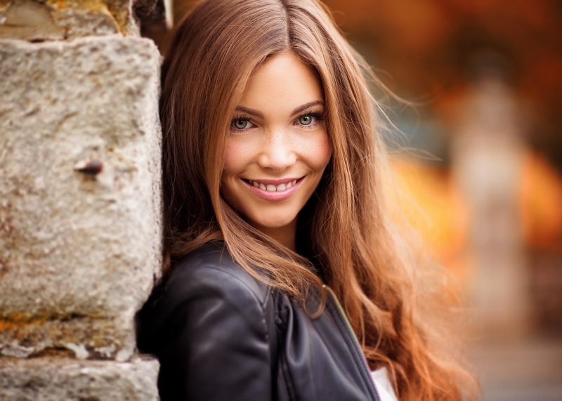 Mark Prinz, 1080P, depth of field, women, leather jackets, long hair, smiling, auburn hair, wavy hair, face, eyes, model, portrait, looking at viewer