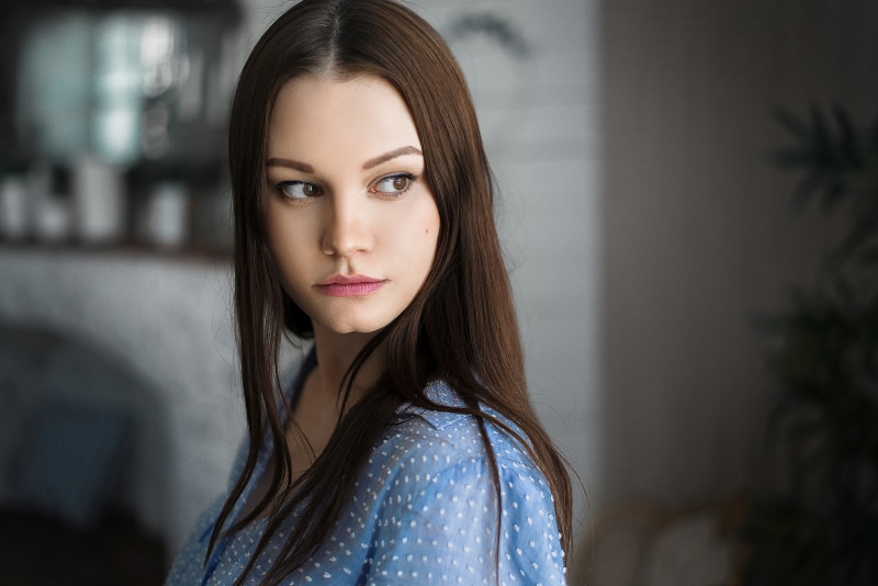 brown hair, human face, hairstyle, front view, hair, teenager, blue shirt, one person, beauty, beautiful people, Igor Kondukov, 5K, looking at camera