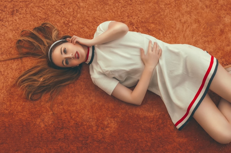 brunette, open mouth, top view, women, white dress, lying down, long hair, lying on back, model, 1080P, red lipstick