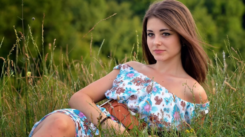 blue, shoulder, smiling, young adult, bare shoulders, lifestyles, floral pattern, outdoors, Dana Kareglazaya, hairstyle, field, grass, white, one person