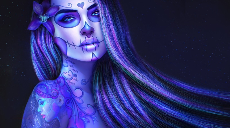 fashion, Sugar Skull, adult, human face, one person, body paint, human hair, headshot, long hair, dyed hair, beauty, 1080P, hairstyle, nail, Artistic