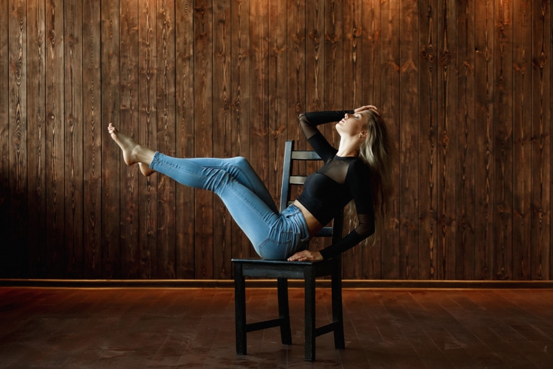 Alexey Polskiy, wood, hairstyle, black tops, sitting, young women, casual clothing, long hair, closed eyes, lifestyles, women indoors, feet in the air