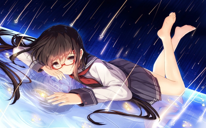innocence, real people, males, smiling, anime, men, glasses, stars, full length, looking at camera, feet, 1080P, indoors, lifestyles, lying down, skirt