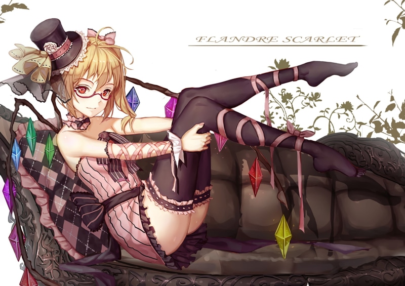 anime girls, dress, anime, blonde, Flandre Scarlet, smiling, feet, pink dress, looking at viewer, minidress, Touhou, feet in the air, couch, thigh-highs