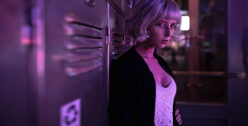 adult, fashion, side view, women, white tops, selective focus, black, headshot, one person, contemplation, lockers, tattoo, hairstyle, beauty, indoors