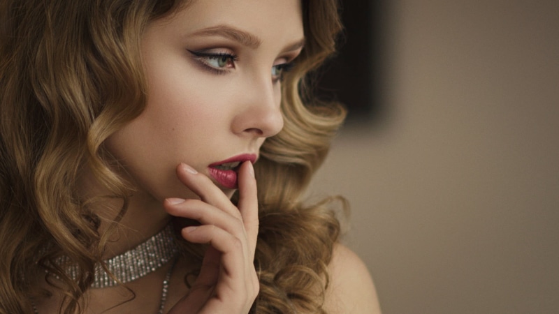 make-up, finger on lips, portrait, close-up, face, nail, Sergey Zhirnov, young adult, fashion, human lips, lipstick, brown hair, long hair, closeup, hairstyle