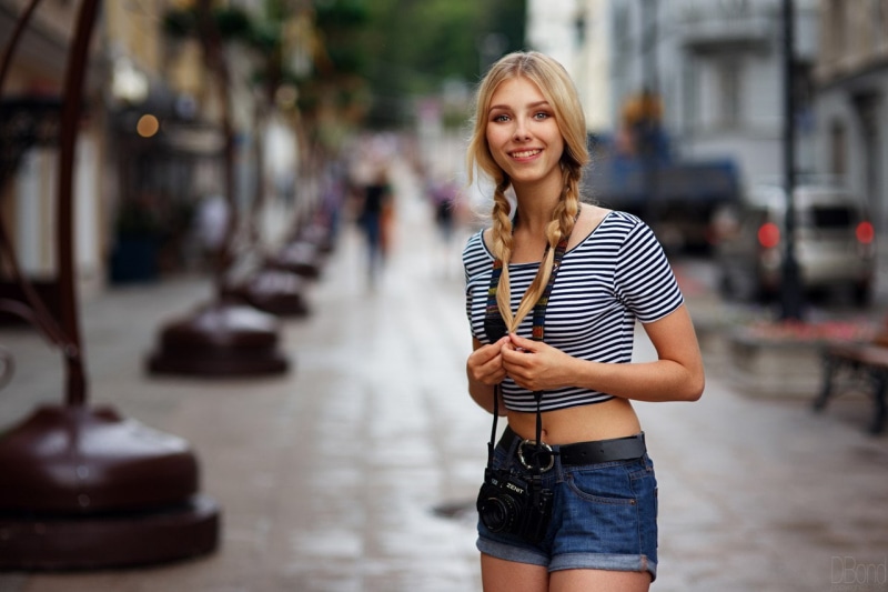 happiness, three quarter length, standing, pigtails, women, beauty, city, striped, hair, beautiful woman, looking at viewer, fashion, young adult, adult