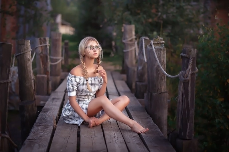 bare shoulders, braids, pier, barefoot, pigtails, long hair, glasses, 720P, blonde, wooden surface, dress, Alice Tarasenko, women