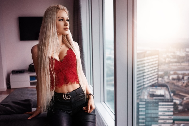 women, women indoors, hairstyle, window, contemplation, cleavage, 1080P, adult, three quarter length, fashion, beauty, crop top, Anton Shabunin, young women
