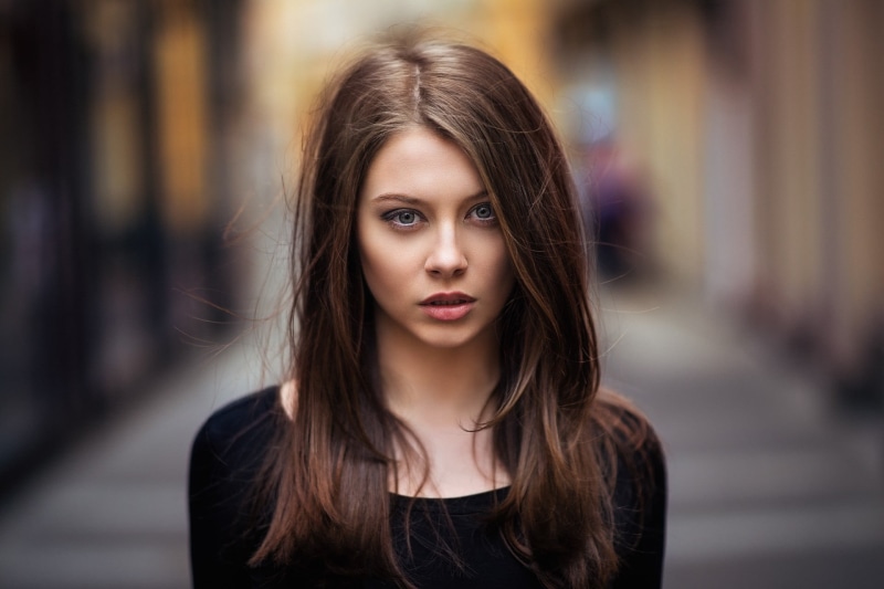 adolescence, 1080P, brunette, women, brown hair, juicy lips, city, hair, black clothing, portrait, beauty, hairstyle, looking at camera, contemplation