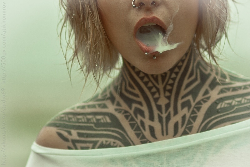 human body part, human face, piercing, wet hair, one person, colored, Caucasian, model, filter, 1080P, close-up, front view, human mouth, Teya Salat, beautiful woman