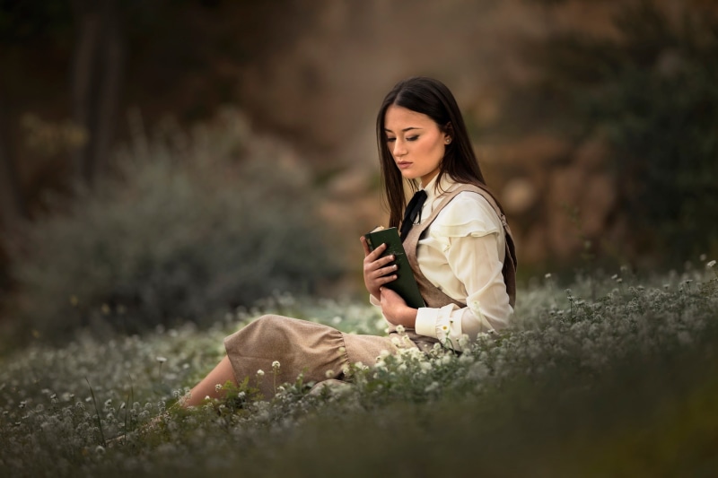 1080P, looking away, brunette, sitting, long hair, women outdoors, dark hair, women, pearl earrings, dress